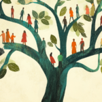 Banner for Our Flourishing, Our Faith: Navigating Rupture and Repair in Asian American Christian Communities. The graphic includes a large tree with people on the branches—a network of relationships. In the left-hand corner there is a branch falling off with two people on it. One of them is reaching up towards another person on the tree who is trying to catch them as they fall.