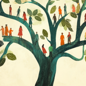 Banner for Our Flourishing, Our Faith: Navigating Rupture and Repair in Asian American Christian Communities. The graphic includes a large tree with people on the branches—a network of relationships. In the left-hand corner there is a branch falling off with two people on it. One of them is reaching up towards another person on the tree who is trying to catch them as they fall.